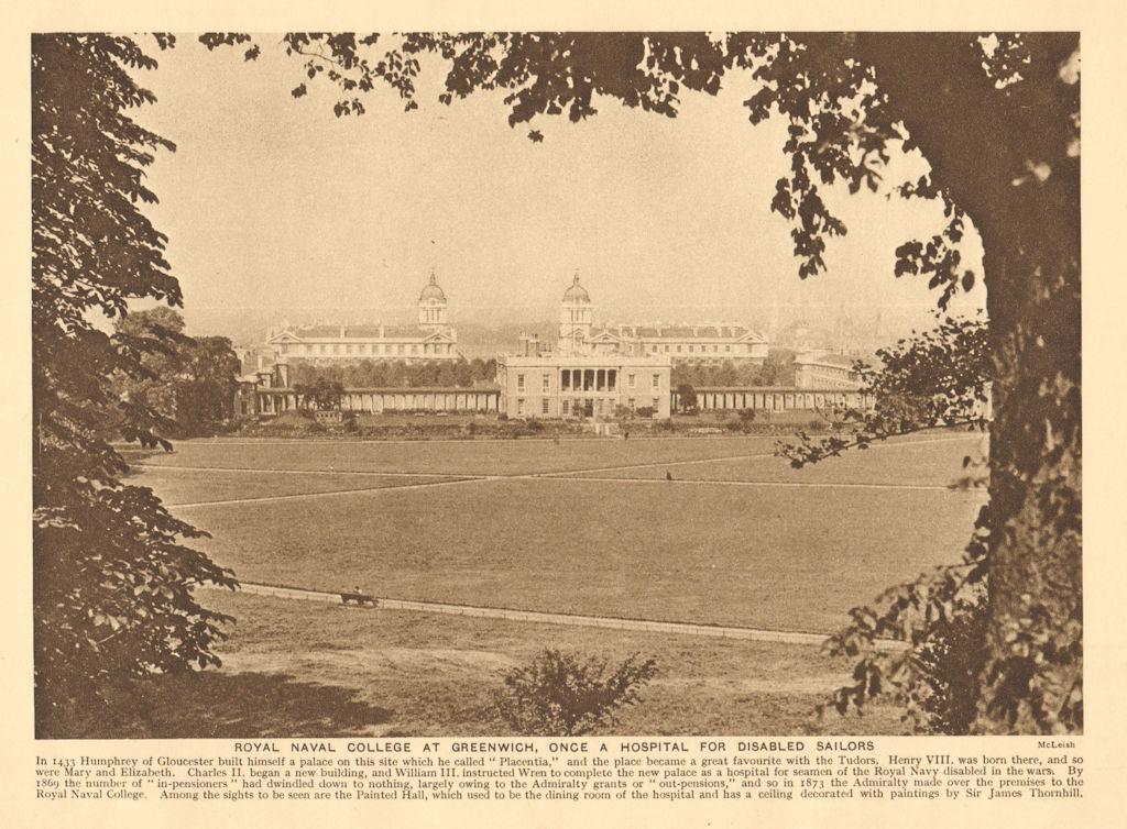 Royal Naval College at Greenwich & Greenwich Park 1926 old vintage print